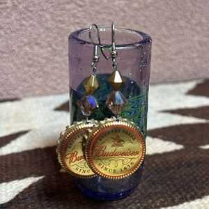 Budweiser Anniversary Beer Bottle Cap Earrings Gold Gold Crystal Beads